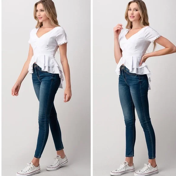 Peplum White Short Sleeve Blouse - Picture 3 of 5